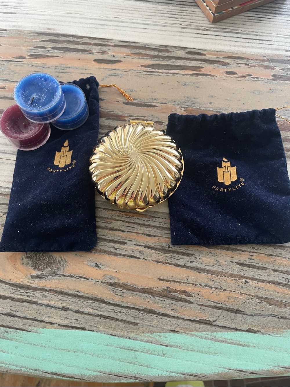 Vintage PartyLite Goldtone Spiral Travel Candle Set with Navy Velvet Pouches